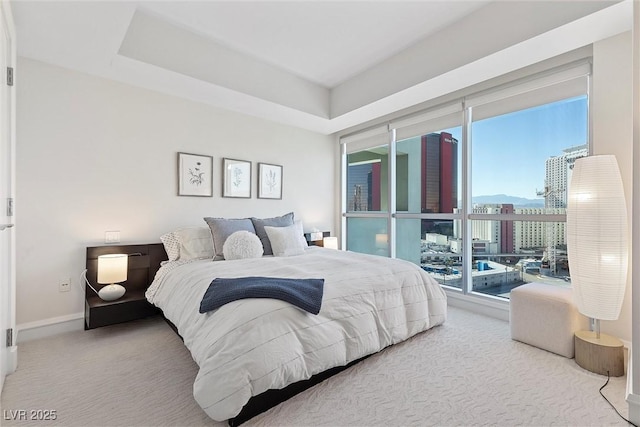 carpeted bedroom featuring baseboards and a city view