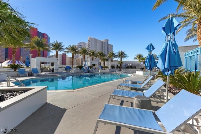 community pool with a patio area