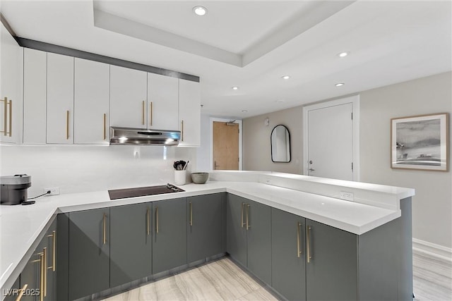 2700 Las Vegas Blvd Unit 1202, Las Vegas, NV 89109 - kitchen featuring under cabinet range hood, a peninsula, gray cabinetry, recessed lighting, and light countertops