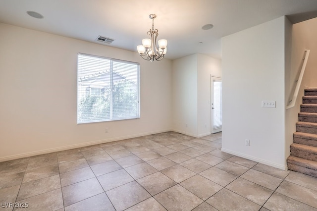 4542 Townwall St, Las Vegas, NV 89115 - empty room featuring light tile patterned floors, visible vents, baseboards, stairs, and an inviting chandelier