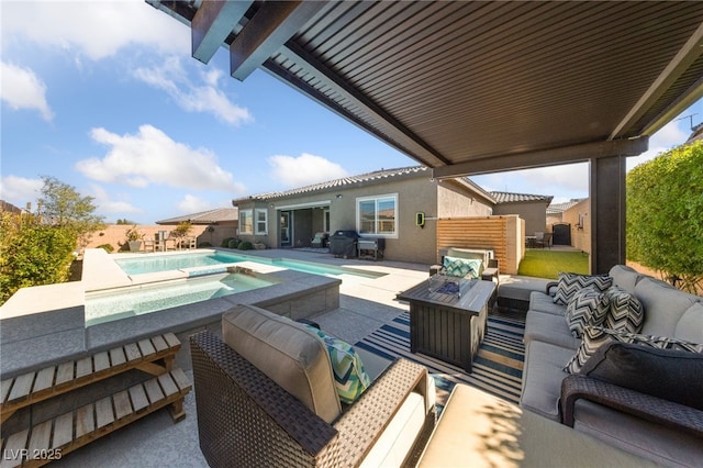 view of patio featuring an outdoor living space with a fire pit, an outdoor pool, and an in ground hot tub