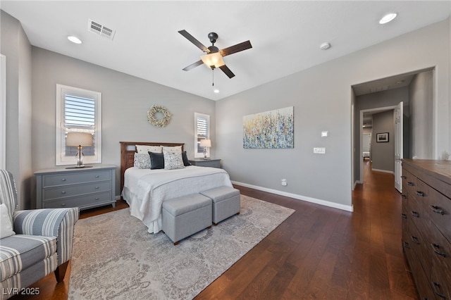 bedroom with dark wood-style flooring, recessed lighting, visible vents, a ceiling fan, and baseboards