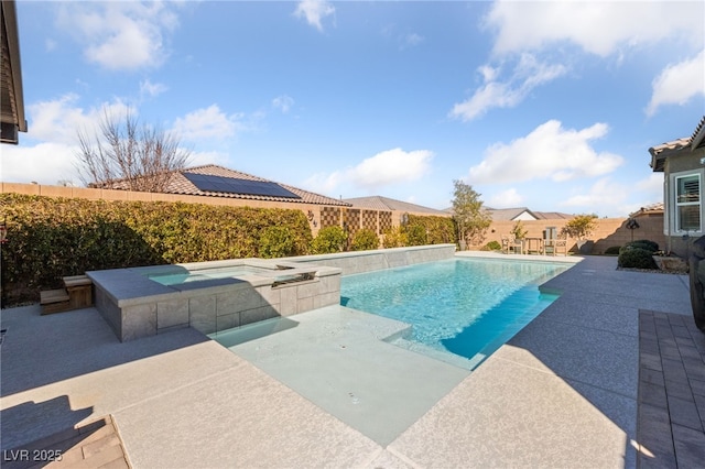 view of swimming pool featuring a fenced in pool, a patio area, a fenced backyard, and an in ground hot tub