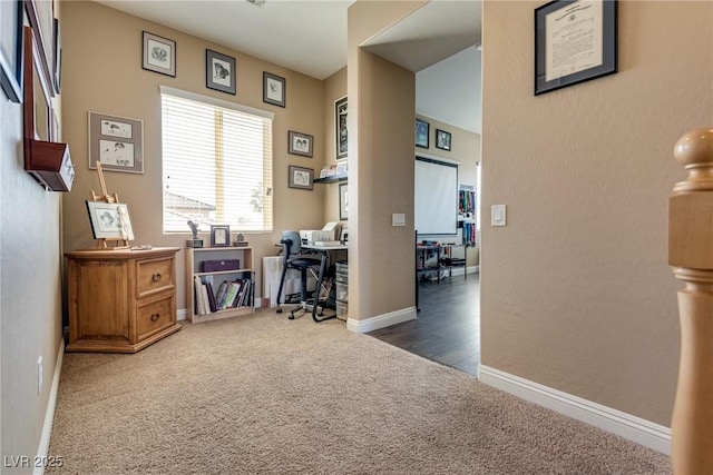office area featuring baseboards and carpet flooring