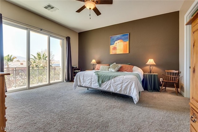 bedroom with a ceiling fan, carpet floors, access to outside, and visible vents