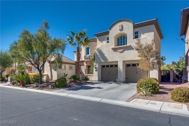 mediterranean / spanish-style house with a tile roof, stucco siding, driveway, a gate, and a garage