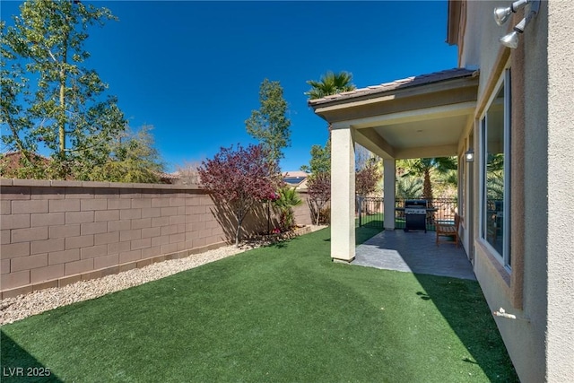 view of yard featuring a fenced backyard and a patio