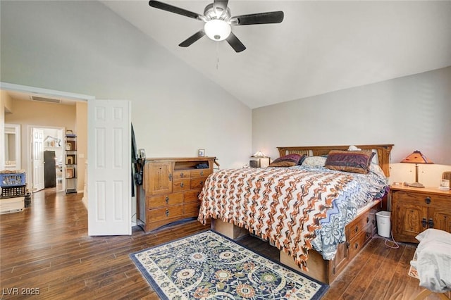 bedroom with high vaulted ceiling, visible vents, ceiling fan, and wood finished floors