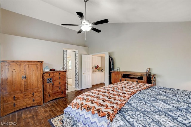 bedroom with lofted ceiling, ceiling fan, and dark wood finished floors