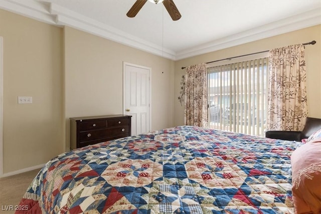 bedroom featuring ceiling fan, carpet flooring, and baseboards