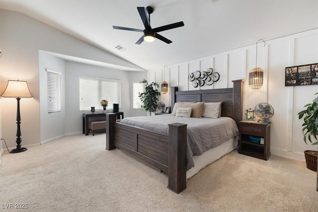 bedroom with visible vents, vaulted ceiling, carpet flooring, and ceiling fan