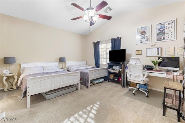 bedroom featuring lofted ceiling, baseboards, carpet floors, and a ceiling fan