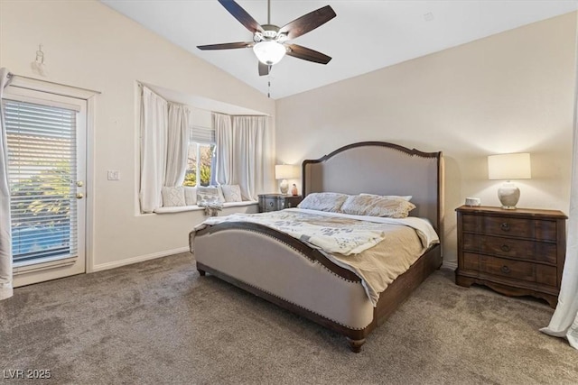 bedroom with baseboards, ceiling fan, access to exterior, carpet, and vaulted ceiling