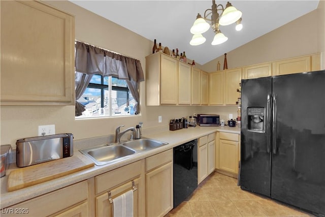 kitchen with lofted ceiling, light tile patterned flooring, a sink, light countertops, and black appliances