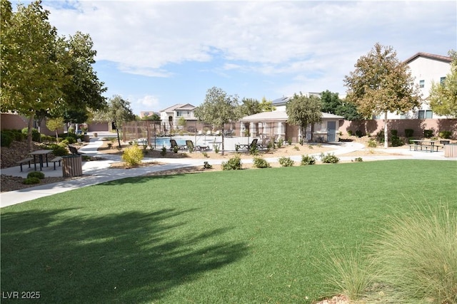 view of yard with fence and a fenced in pool