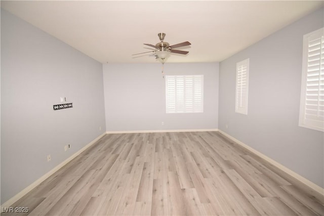 empty room featuring light wood-style floors, ceiling fan, and baseboards
