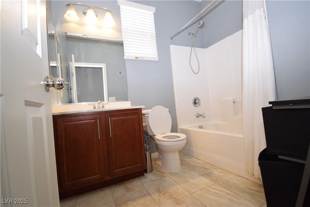 full bath with toilet, shower / bath combination with curtain, and vanity