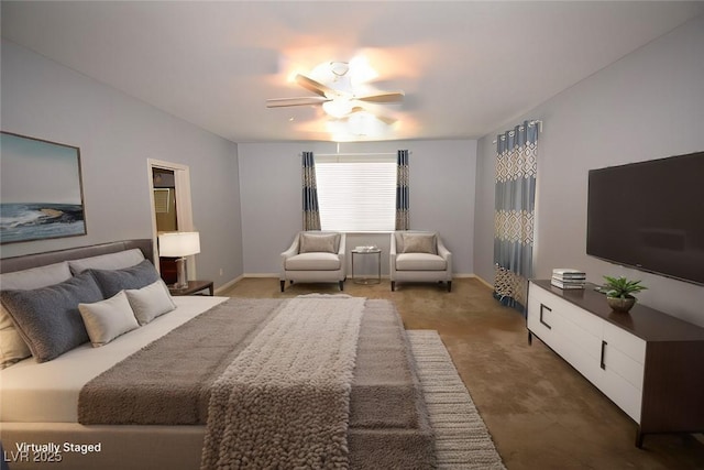 carpeted bedroom featuring a ceiling fan and baseboards