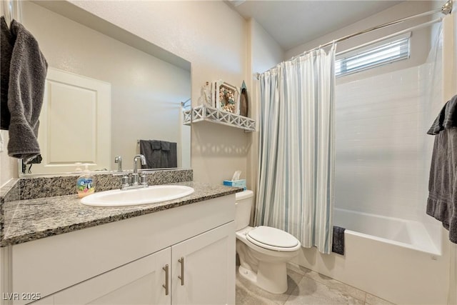 bathroom with toilet, vanity, and shower / bath combination with curtain