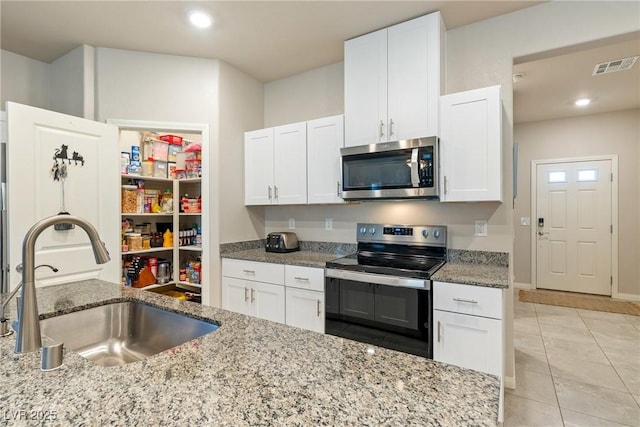 kitchen with a sink, stainless steel appliances, visible vents, and white cabinetry