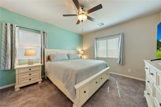 bedroom featuring visible vents, dark carpet, a ceiling fan, and baseboards