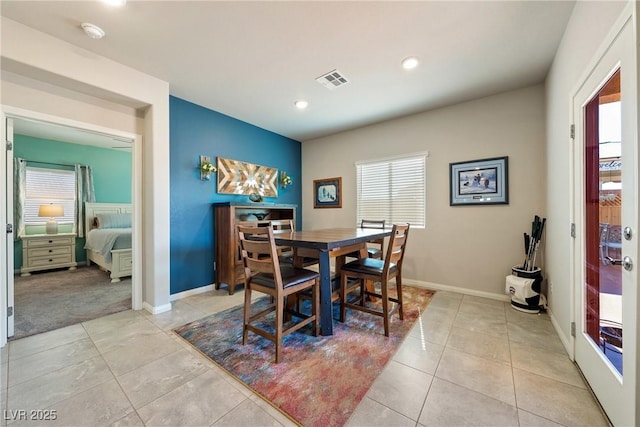 dining space featuring recessed lighting, visible vents, baseboards, and light tile patterned flooring