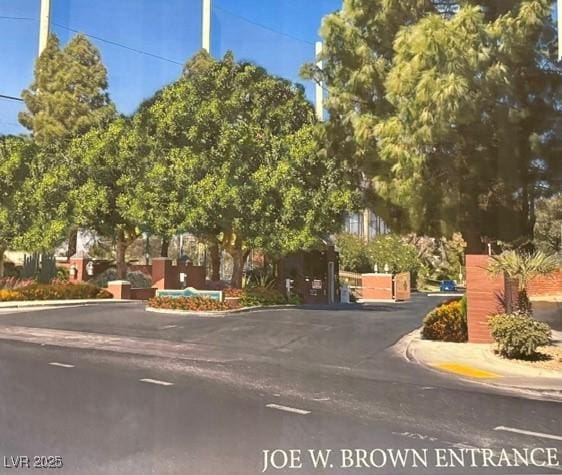 view of road featuring curbs, a gated entry, and sidewalks