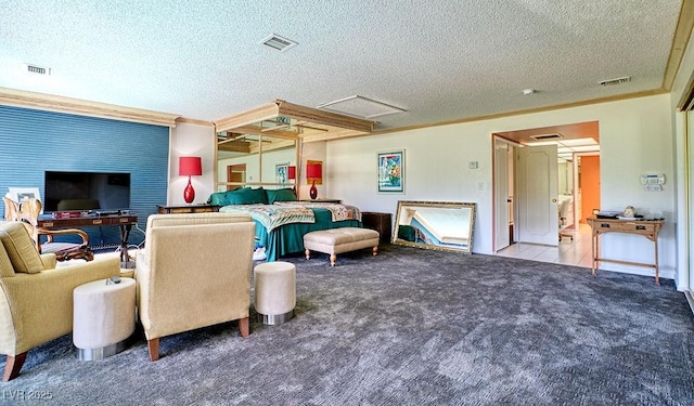 tiled living room with a textured ceiling, visible vents, carpet, attic access, and crown molding