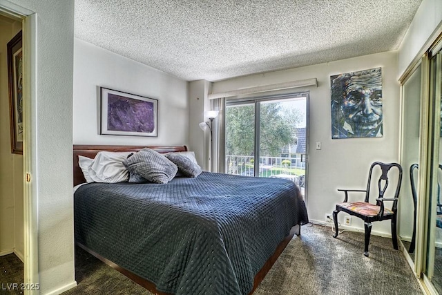 bedroom featuring a textured ceiling, carpet floors, baseboards, access to outside, and a closet