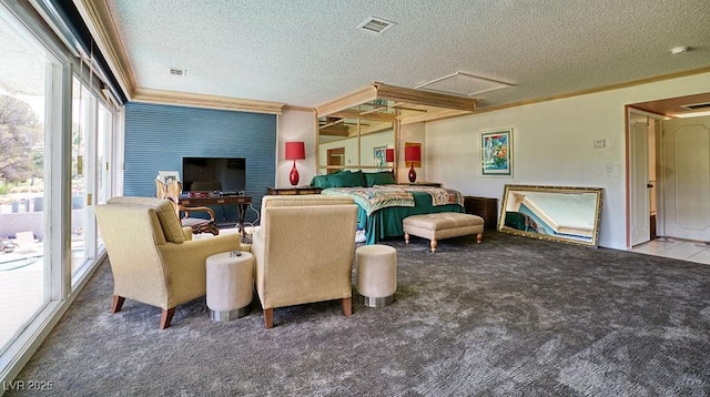 carpeted living area featuring visible vents, crown molding, and a textured ceiling