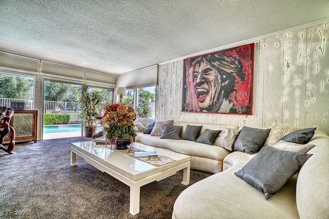 carpeted living room with a textured ceiling