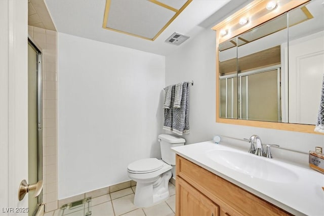 bathroom featuring a shower with shower door, visible vents, toilet, tile patterned flooring, and vanity