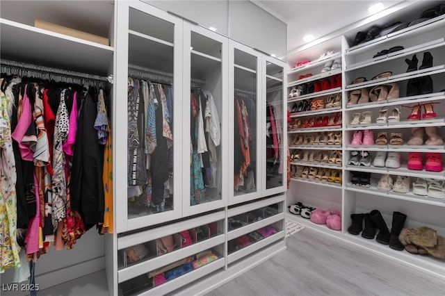 walk in closet with wood finished floors