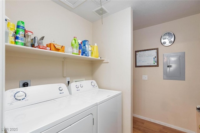 laundry area featuring laundry area, electric panel, visible vents, and washer and clothes dryer