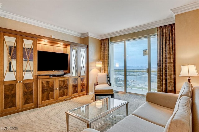 living room featuring carpet and ornamental molding