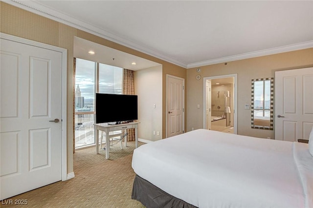 bedroom featuring connected bathroom, baseboards, light colored carpet, and crown molding