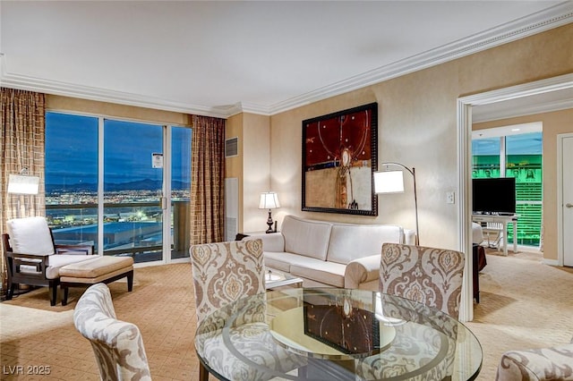 carpeted living room featuring visible vents and ornamental molding