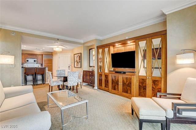 living room with crown molding