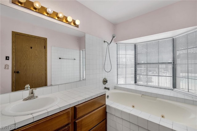 full bathroom with a combined bath / shower with jetted tub and vanity