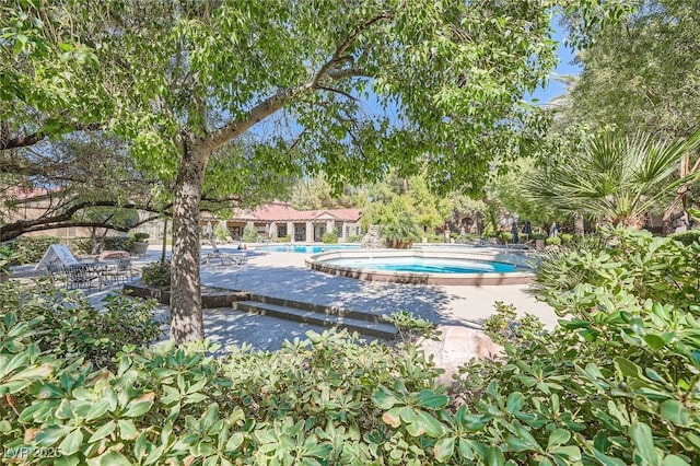 community pool with a community hot tub and a patio area