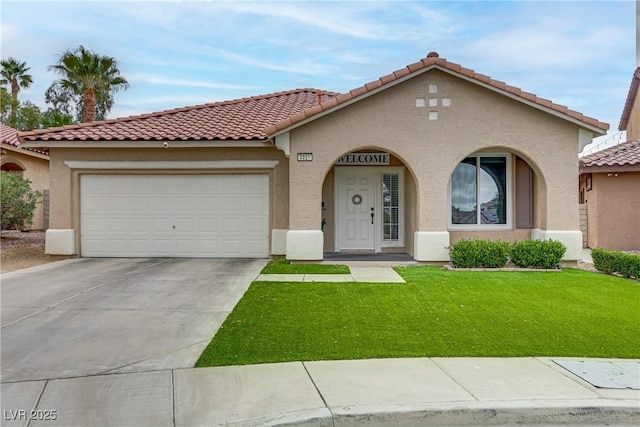 mediterranean / spanish-style house featuring driveway, a garage, stucco siding, a tiled roof, and a front yard