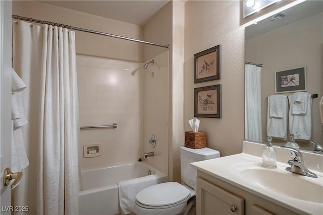 bathroom with shower / bath combination with curtain, visible vents, vanity, and toilet