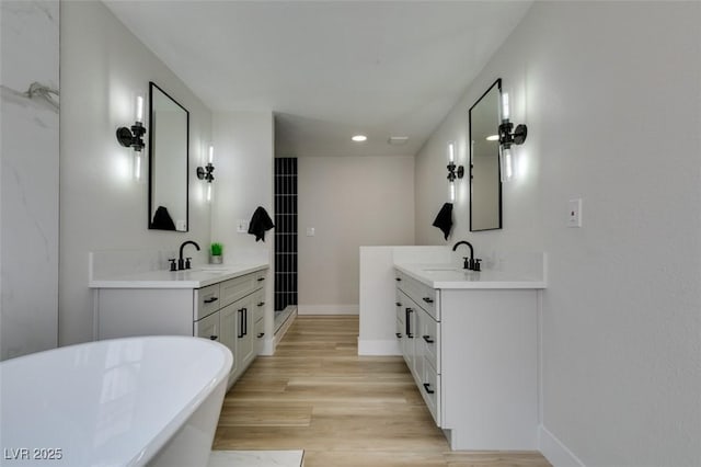 full bath with wood finished floors, two vanities, and a sink