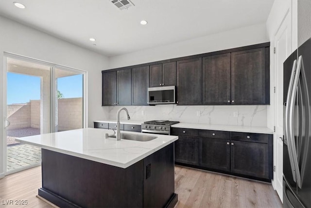 kitchen with visible vents, decorative backsplash, appliances with stainless steel finishes, light wood-style floors, and a sink