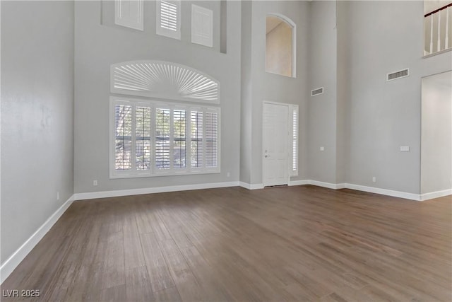 unfurnished living room with dark wood-style floors, visible vents, and baseboards