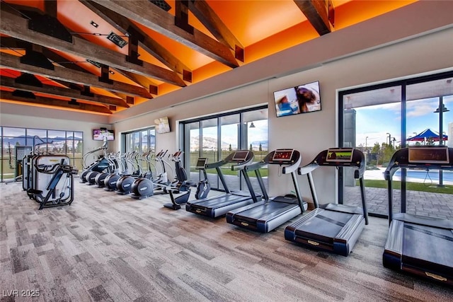 workout area with vaulted ceiling and carpet flooring