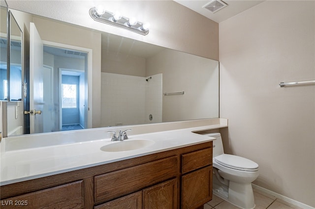 full bath featuring a shower, visible vents, toilet, vanity, and tile patterned floors