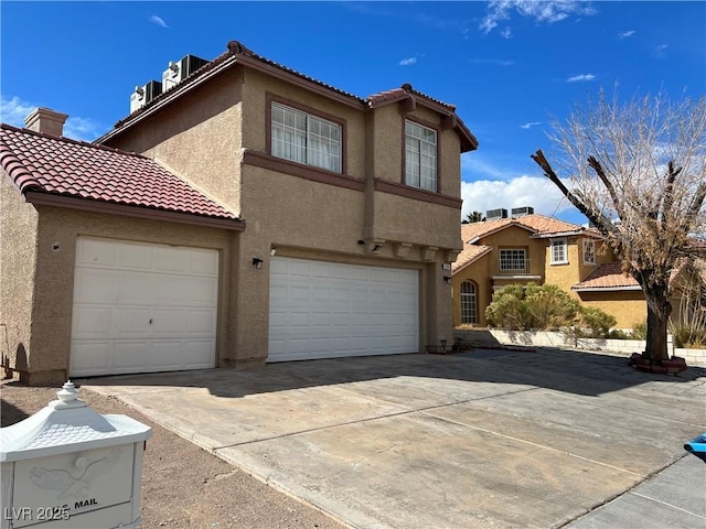 view of front of home featuring a chimney, stucco siding, concrete driveway, cooling unit, and a tiled roof