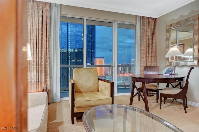 interior space featuring a city view, crown molding, and baseboards