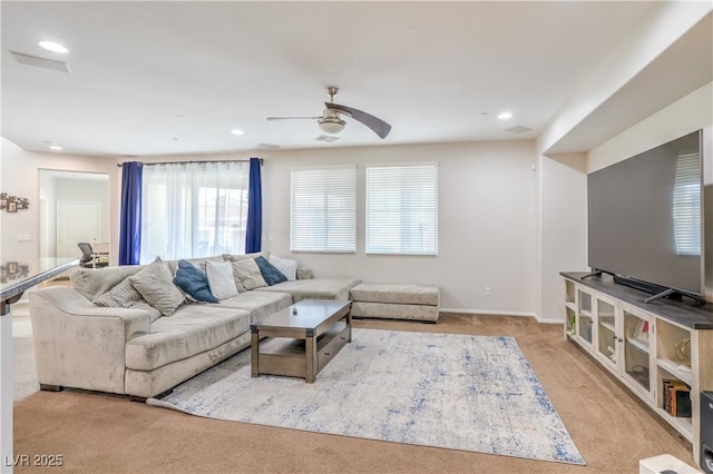 living room with visible vents, light carpet, a ceiling fan, recessed lighting, and baseboards